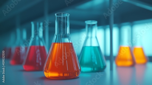 Colorful laboratory flasks filled with various liquids in a scientific setting, showcasing vibrant experimentation and research.