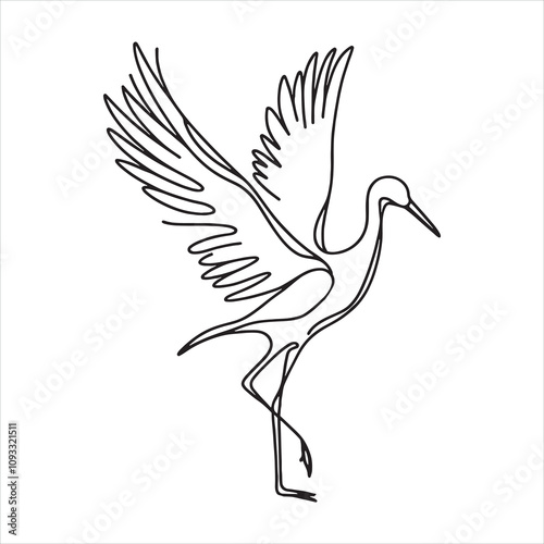 single one line Elegant Crane Bird silhouette on white background
