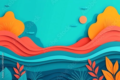 Colorful paper cut landscape with flowing waves and abstract plants, perfect for modern design and creative projects.