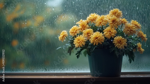 An arrangement of chrysanthemums placed on a raindrenched window sill photo