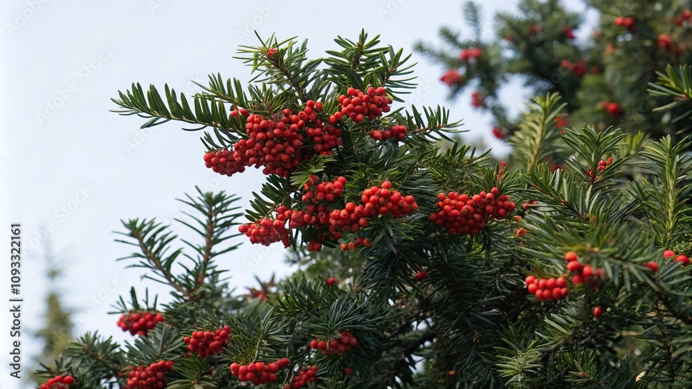 An evergreen tree with dense clusters of bright red berries and dark green needles, branch, red berries, trees, foliage, nature An evergreen tree with dense clusters of bright red berries and dark green needles, branch, red berries, trees, foliage, nature