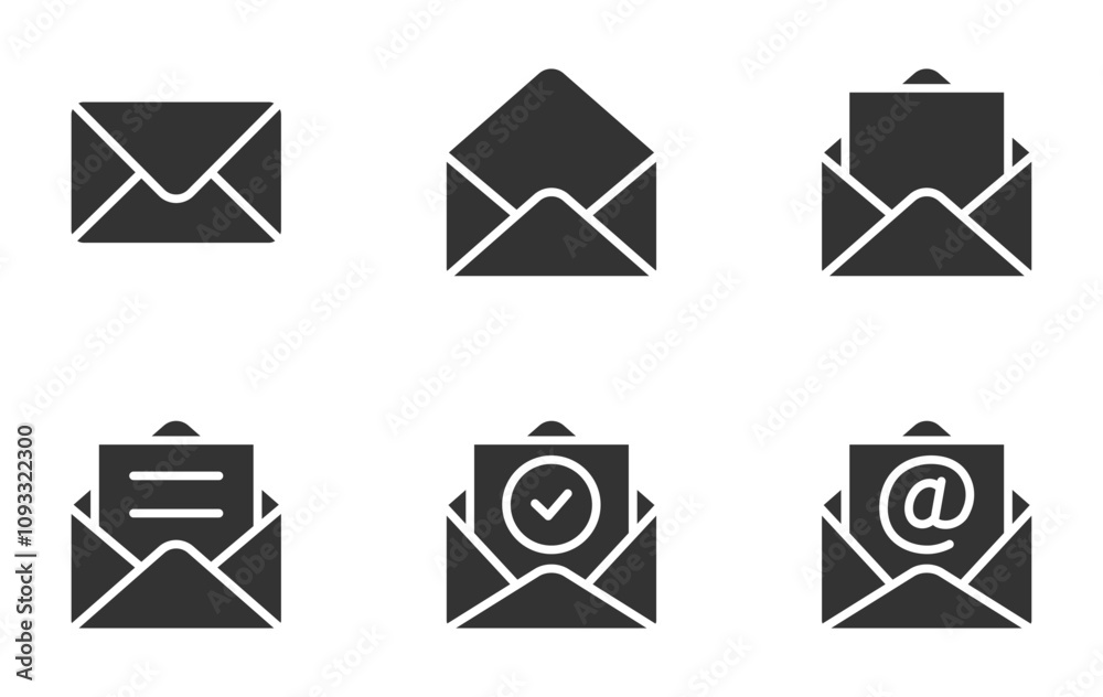 Set of mail envelope icon. Closed envelope, opened letter, with checkmark and email. E-mail icon, sign of an incoming unopened message. Folded and unfolded envelope mockup. Vector illustration Set of mail envelope icon. Closed envelope, opened letter, with checkmark and email. E-mail icon, sign of an incoming unopened message. Folded and unfolded envelope mockup. Vector illustration