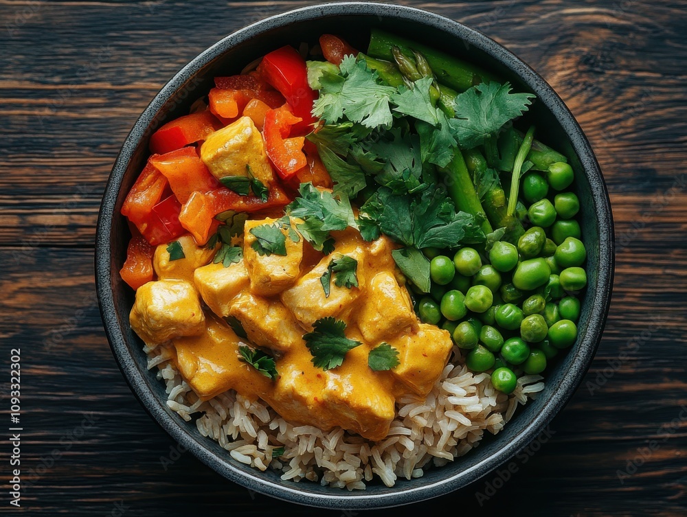 Delicious Bowl of Chicken Curry with Fresh Vegetables, Rice, and Herbs on Rustic Wooden Table, Ideal for Healthy Meal Preparations and Food Photography Delicious Bowl of Chicken Curry with Fresh Vegetables, Rice, and Herbs on Rustic Wooden Table, Ideal for Healthy Meal Preparations and Food Photography