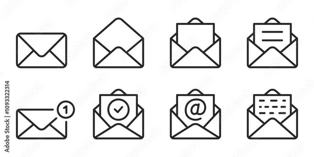 Set of mail envelope icon in linear style. Closed envelope, opened letter, with checkmark and email. Editable stroke. E-mail icon, sign of an incoming unopened message. Vector illustration