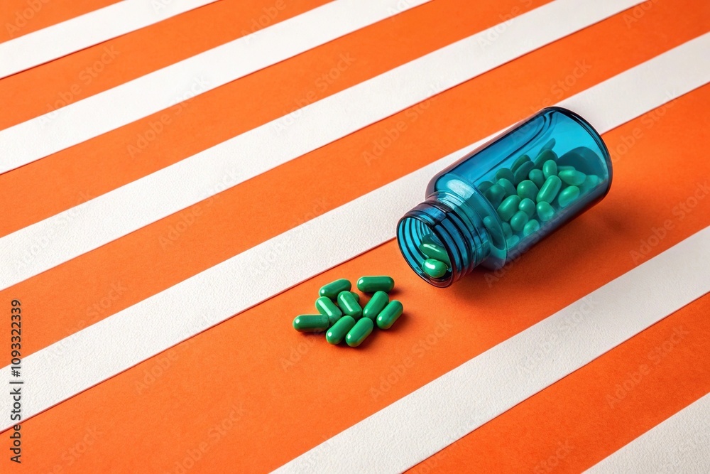 Obraz premium An orange and white striped background with a blue bottle filled with green capsules on the edge, wellness products, orange and white stripes