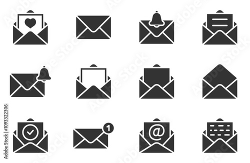 Set of mail envelope icon. Closed envelope, opened letter, with checkmark and email. E-mail icon, sign of an incoming unopened message. Folded and unfolded envelope mockup. Vector illustration