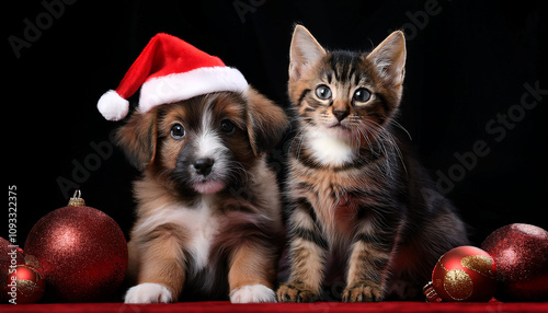 Un cachorro de perro y un cachorro de gato sentados, con gorro de papá noel photo