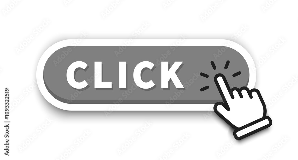 Click button with arrow pointer clicking icon. Set of action button, hand cursor. Click vector web button. Web button with action of arrow pointer. Click here, UI button concept. Vector illustration