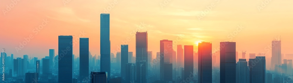 Fototapeta premium Stunning skyline at sunset, showcasing modern skyscrapers and vibrant colors that evoke a sense of urban tranquility.