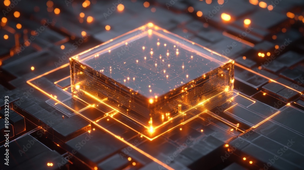 Glowing orange cube on futuristic circuit board. Glowing orange cube on futuristic circuit board.