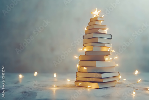 A towering Christmas tree made entirely of books, each one glowing softly likefirefly,copyspace