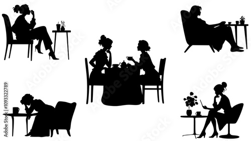 Stylish silhouettes of cafe ladies