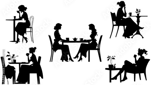 Stylish silhouettes of cafe ladies
