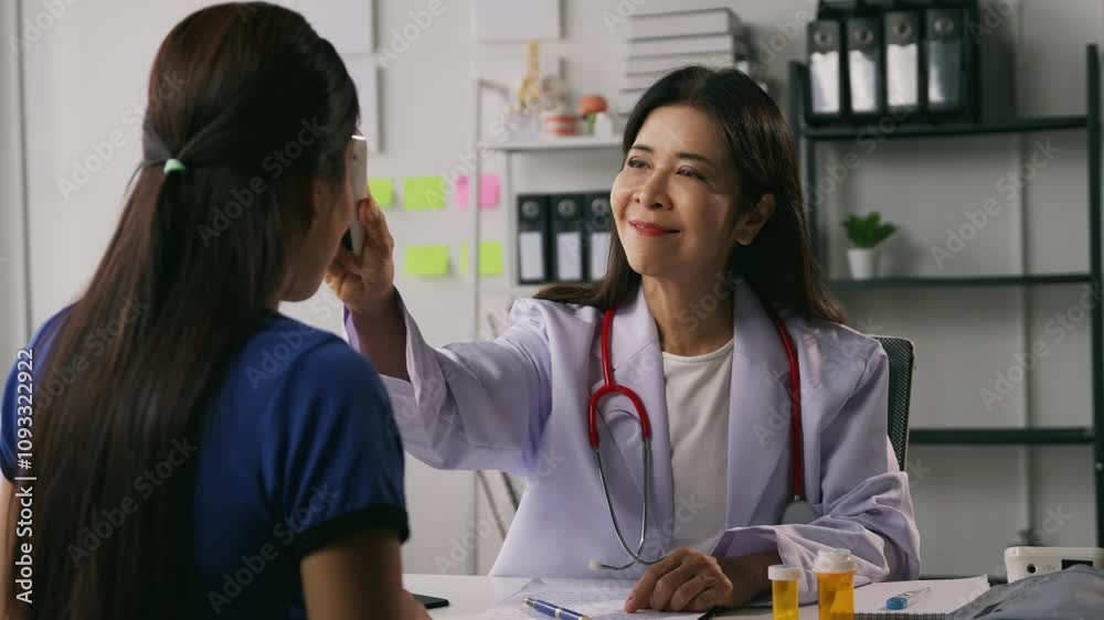 Female doctor smiling while taking a patient's temperature with a digital thermometer in a clinical setting Female doctor smiling while taking a patient's temperature with a digital thermometer in a clinical setting