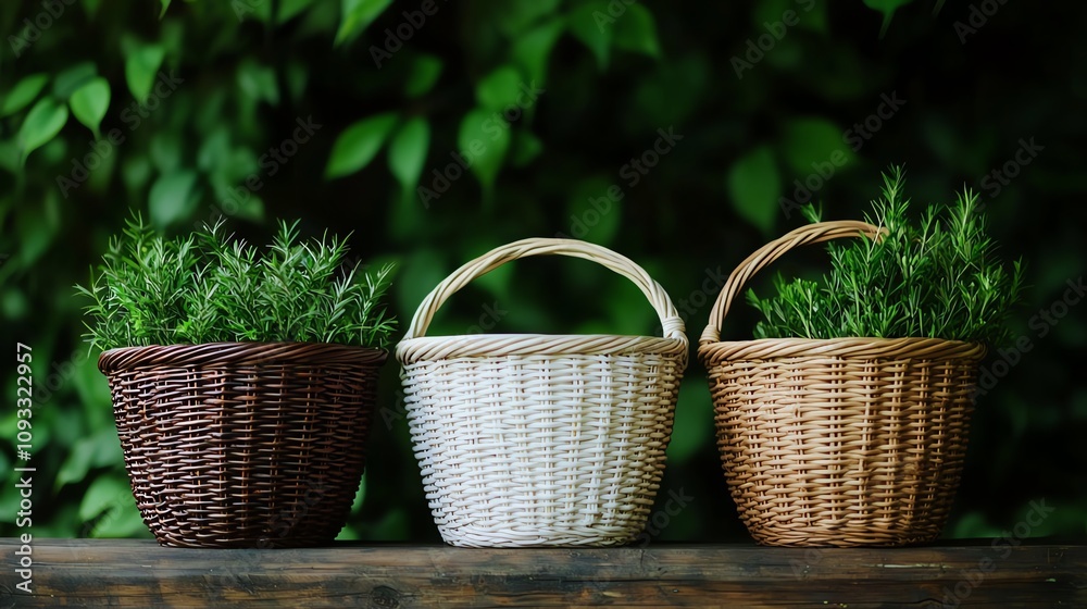 Three beautifully arranged wicker baskets filled with vibrant green plants, set against a lush backdrop of foliage. Three beautifully arranged wicker baskets filled with vibrant green plants, set against a lush backdrop of foliage.