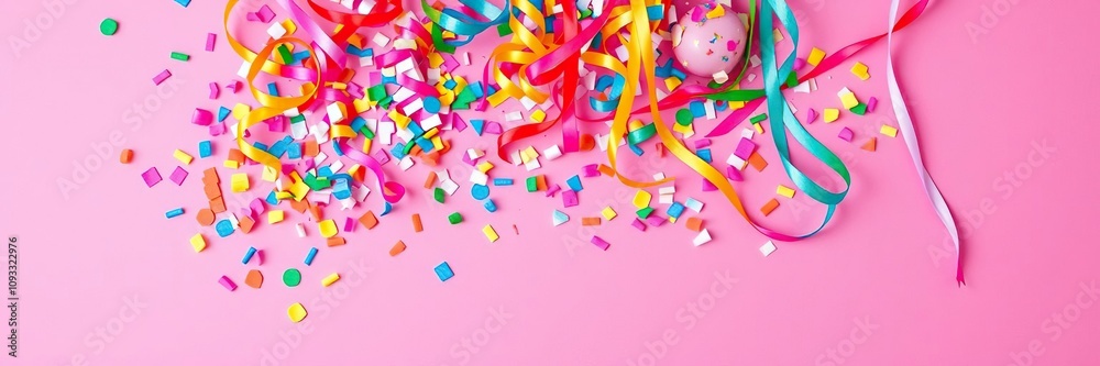 Fototapeta premium Colorful party decorations including confetti and streamers on a bright pink background, fun and play, balloons, lively party