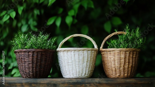 Three beautifully arranged wicker baskets filled with vibrant green plants, set against a lush backdrop of foliage.