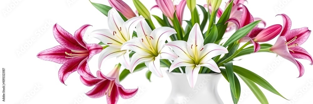 Fototapeta premium Beautiful lily flowers in a simple white vase on a stark white background, peaceful, white, delicate