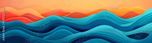 Vibrant abstract landscape featuring flowing waves in shades of blue, orange, and red, evoking a sense of movement and tranquility.