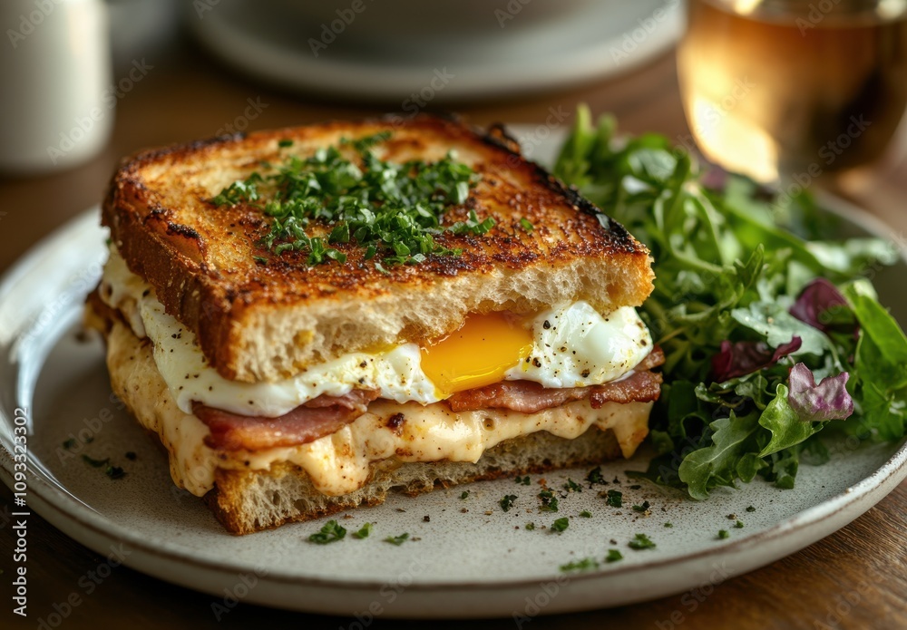 Delicious Breakfast Sandwich with Egg, Cheese, and Ham Served on Toast with Fresh Greens and Herbs on a Rustic Plate Delicious Breakfast Sandwich with Egg, Cheese, and Ham Served on Toast with Fresh Greens and Herbs on a Rustic Plate
