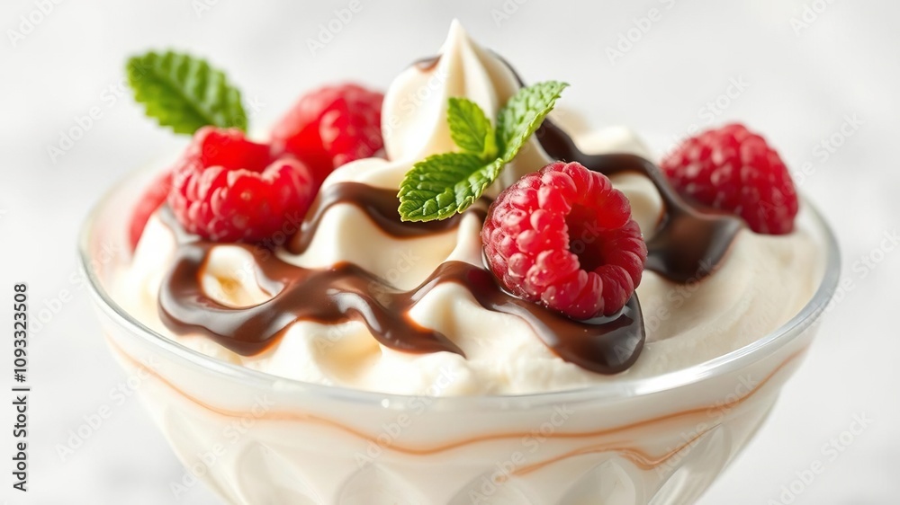 Creamy vanilla ice with a swirl of rich chocolate and whipped cream topping, garnished with fresh raspberries and mint leaves in a delicate glass bowl, frozen treat, gourmet ice, creamy textures Creamy vanilla ice with a swirl of rich chocolate and whipped cream topping, garnished with fresh raspberries and mint leaves in a delicate glass bowl, frozen treat, gourmet ice, creamy textures