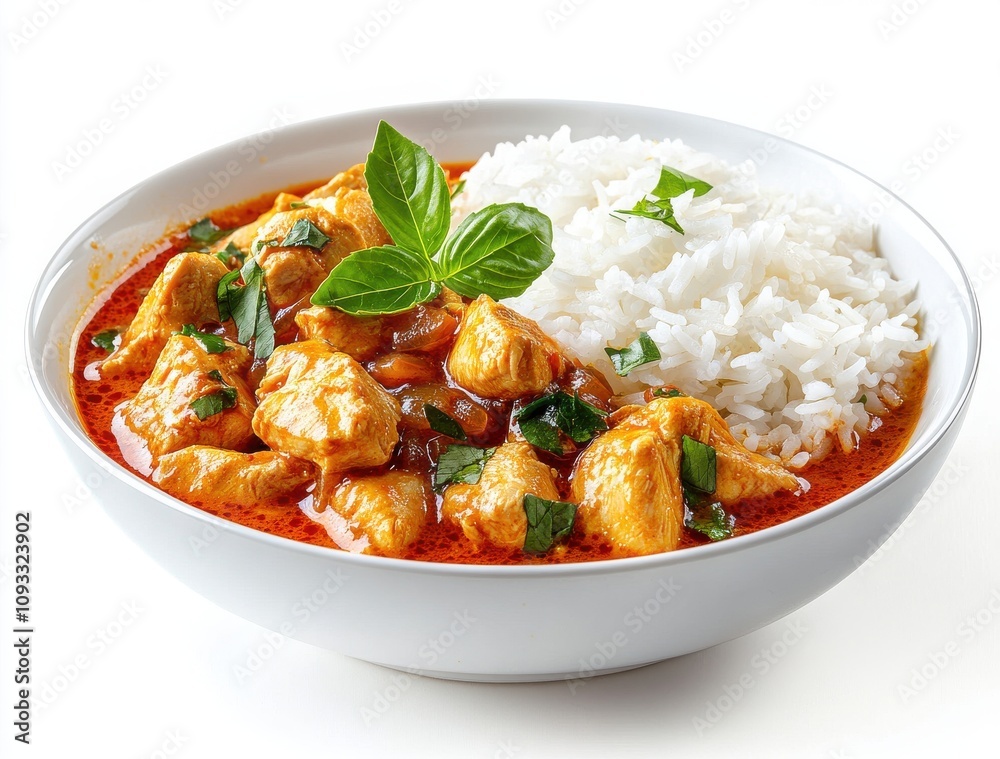 Delicious Chicken Curry with White Rice and Fresh Herbs Served in a White Bowl, Perfect for Culinary Inspiration and Food Photography Projects Delicious Chicken Curry with White Rice and Fresh Herbs Served in a White Bowl, Perfect for Culinary Inspiration and Food Photography Projects