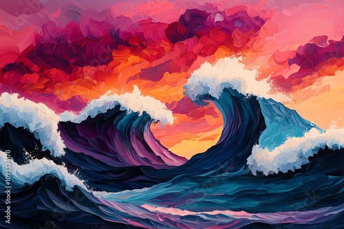 Vibrant ocean waves crest under a stunning sunset, showcasing a dramatic interplay of colors in the sky and sea.