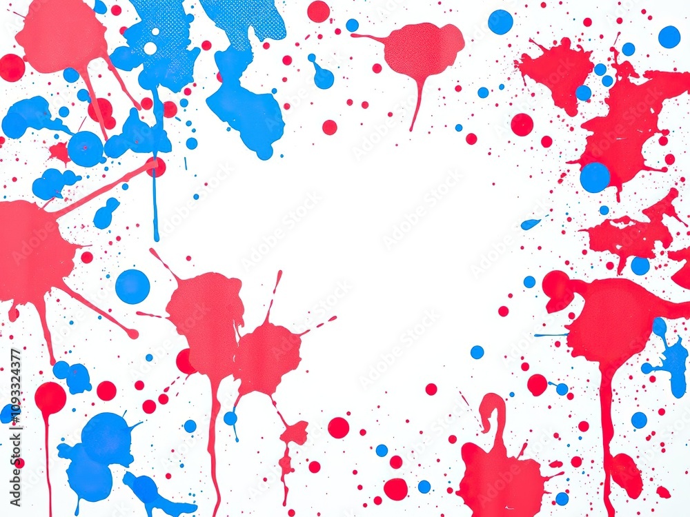 Bright blue and red splatter paint on a white canvas, abstract, creative process, painterly style Bright blue and red splatter paint on a white canvas, abstract, creative process, painterly style