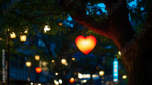 Wallpaper Mural Glowing heart-shaped lantern hanging frombare tree branch, captured during twilight,copyspace Torontodigital.ca