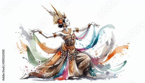 woman performing Tari Saman, Indonesia dance in watercolor illustration with loose and fluid forms photo