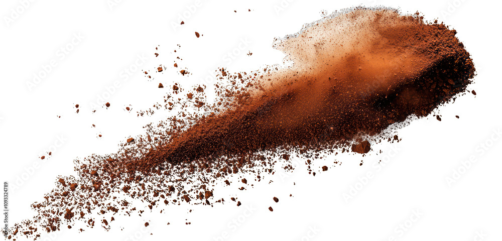 A dense cloud of cocoa powder swirling gracefully through the air above white. A dense cloud of cocoa powder swirling gracefully through the air above white.