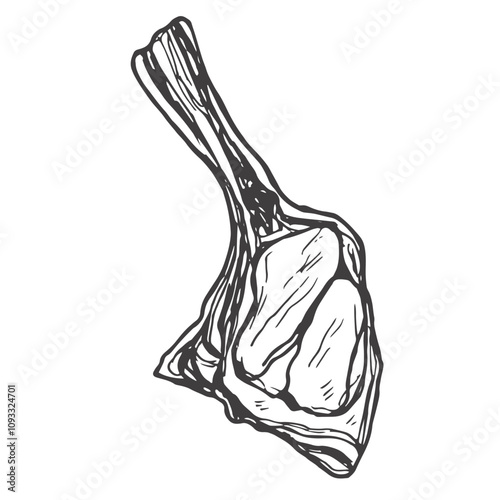 steak tomahawk, Raw fresh meat cut from beef, lamb and pork. Vector Hand drawn outline illustration for meat shop, Butchery, market, barbecue, grill, picnic, restaurant, banner, sticker, menu design.