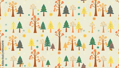 whimsical pattern of various trees set. pattern with autumn trees