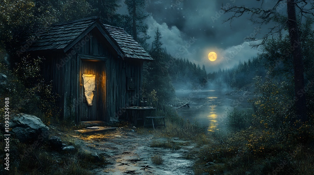 Rustic wooden cabin deep in a forest, with an open door showing signs of forced entry. Inside, the scene is dimly lit . Outside the window, moonlight reflects on a nearby lake,The scene feel tense. Rustic wooden cabin deep in a forest, with an open door showing signs of forced entry. Inside, the scene is dimly lit . Outside the window, moonlight reflects on a nearby lake,The scene feel tense.