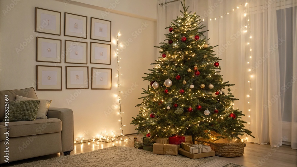 Christmas tree with lights and ornaments in a living room, holiday decor, seasonal ambiance, indoor winter wonderland, snowflake-patterned rug Christmas tree with lights and ornaments in a living room, holiday decor, seasonal ambiance, indoor winter wonderland, snowflake-patterned rug