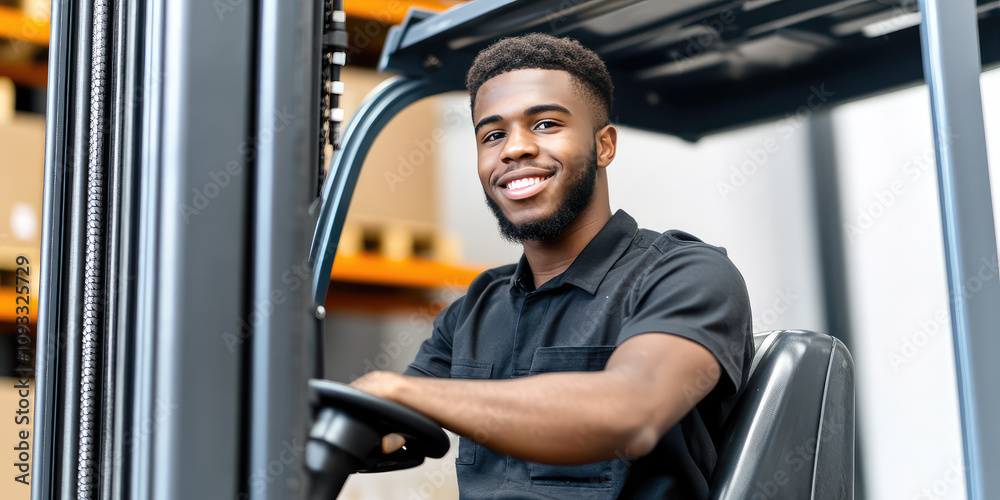 Portrait of a smiling male employee driving a forklift against the backdrop of a production warehouse Portrait of a smiling male employee driving a forklift against the backdrop of a production warehouse