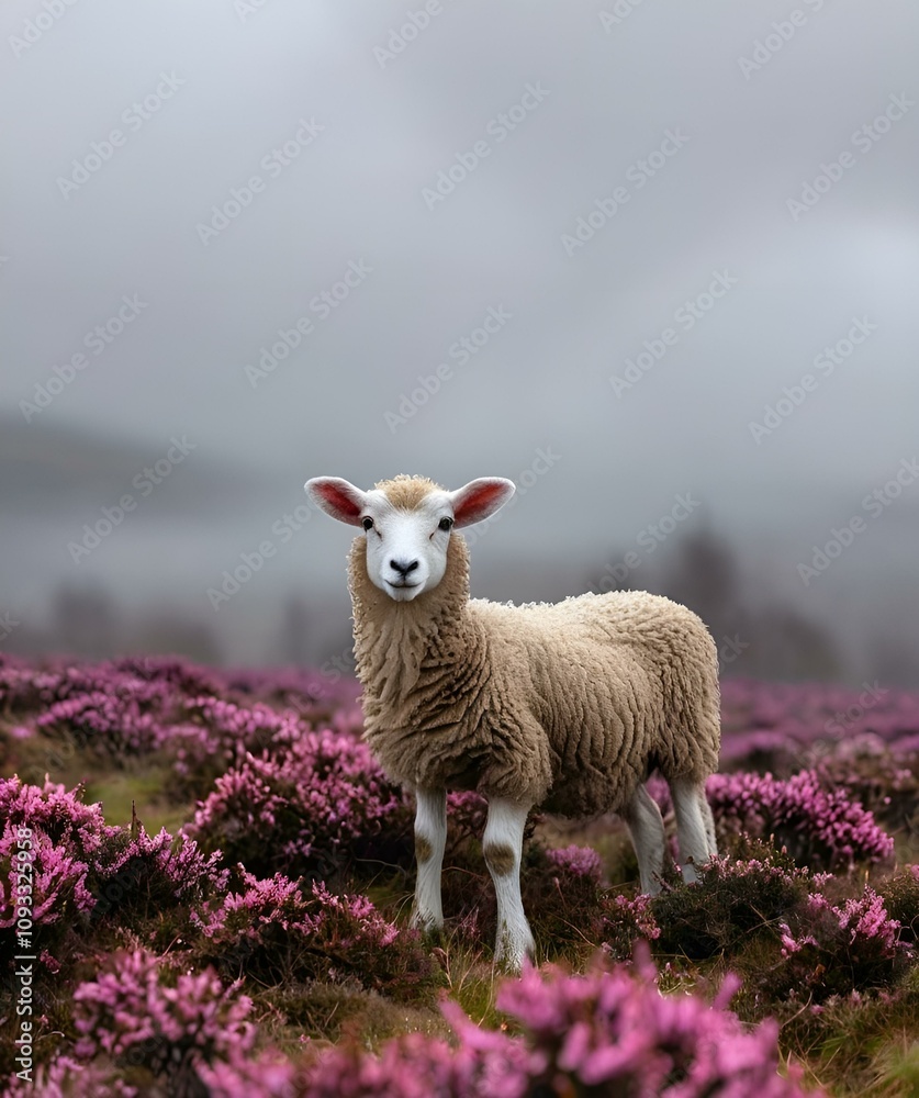 Fototapeta premium A lonely sheep in the middle of a lavender field, sheep on a meadow