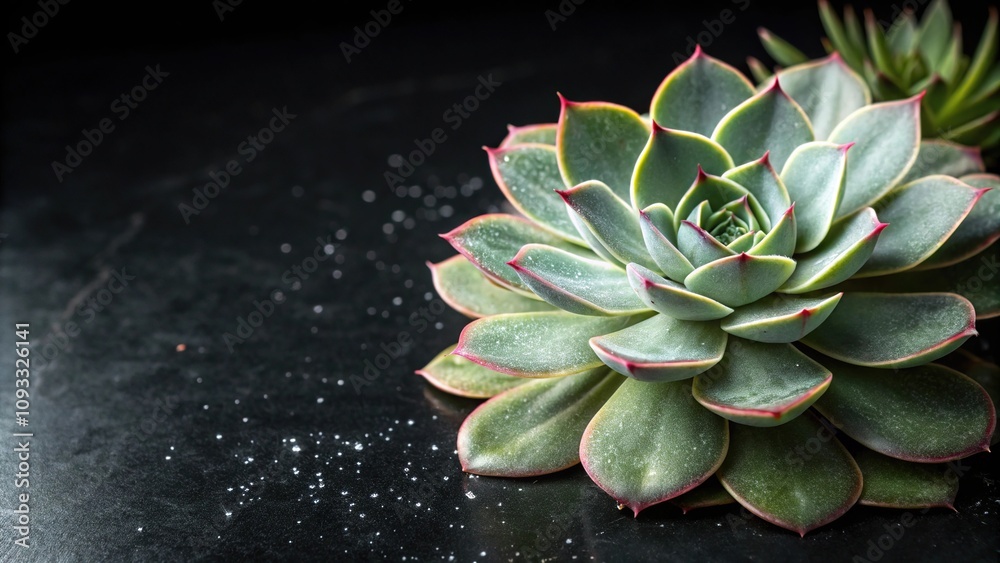Fototapeta premium Echeveria Pulidonis leaves on a black background with subtle lighting effects, botanical photography, high contrast, dark background