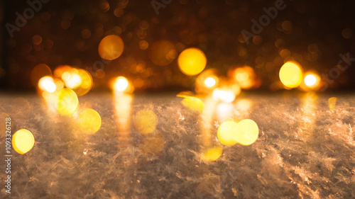 New Year winter holiday background with bokeh, blurred neon lights, snowflakes and frost
