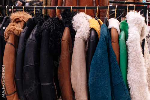 Fashion details of fluffy black, brown, blue fur coats, winter outerwear hanging in a row on hangers in a fashion luxury boutique