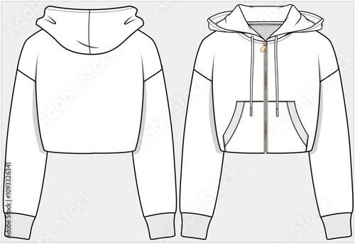 CROP LENGTH HOODIE WITH DROP SHOULDER AND NO WAIST RIB DETAIL DESIGNED FOR WOMEN AND TEEN GIRLS IN  VECTOR ILLUSTRATION FILE