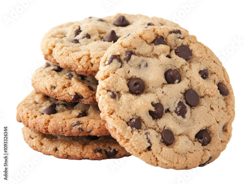 Delicious Chocolate Chip Cookies Stacked with Chocolate Chips, isolated on transparent background photo