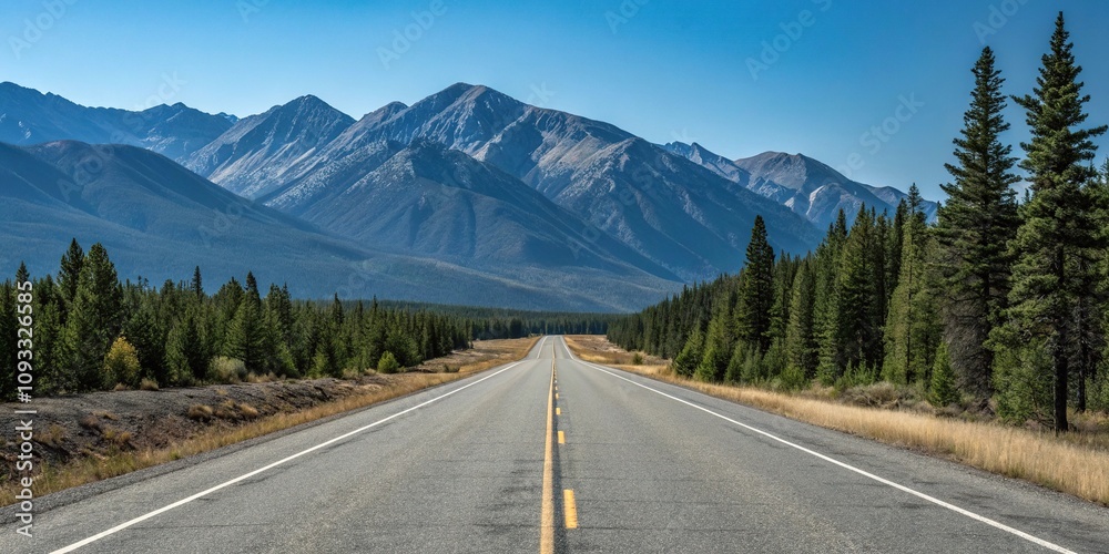 Empty stretch of asphalt road running parallel to a mountain range with a clear blue sky above and pine trees in the foreground, serene atmosphere, mountain view Empty stretch of asphalt road running parallel to a mountain range with a clear blue sky above and pine trees in the foreground, serene atmosphere, mountain view