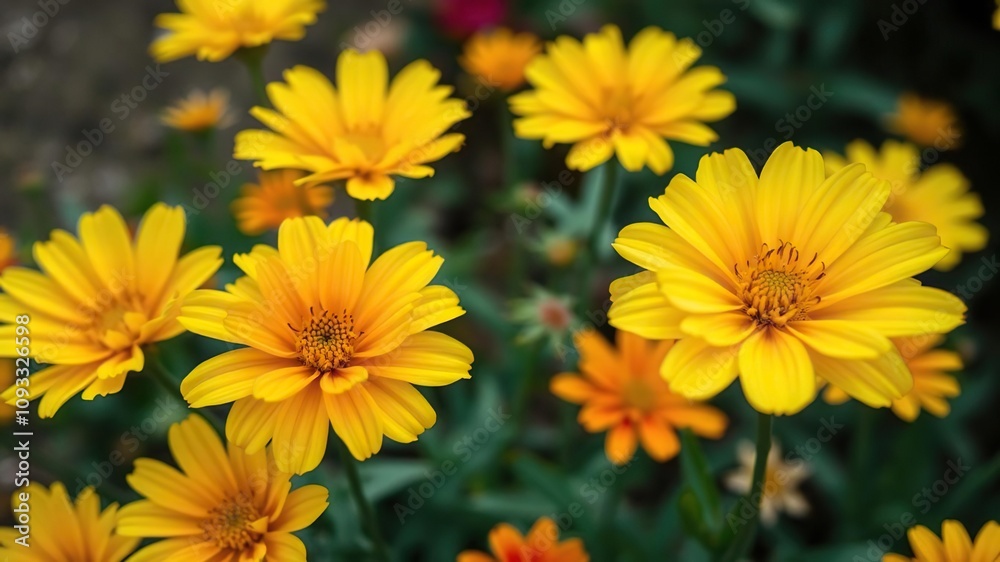 Close-up shot of bright yellow and orange flowers in a garden, with delicate petals and a unique shape, bloom details, floral close-up, orange flowers Close-up shot of bright yellow and orange flowers in a garden, with delicate petals and a unique shape, bloom details, floral close-up, orange flowers