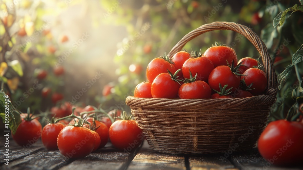 A basket of ripe tomatoes on a wooden surface, surrounded by greenery. A basket of ripe tomatoes on a wooden surface, surrounded by greenery.