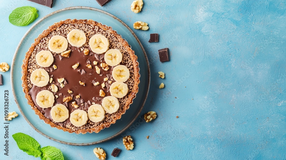 Banoffee pie, glazed with honey, chocolate and walnut sprinkles, topped with banana slices. Banoffee pie, glazed with honey, chocolate and walnut sprinkles, topped with banana slices.