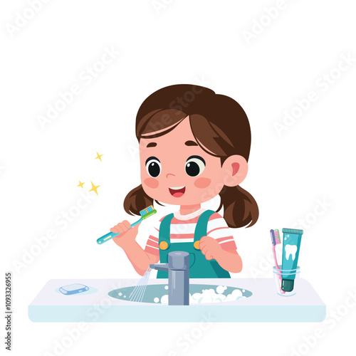 happy cute kid girl brush clean teeth