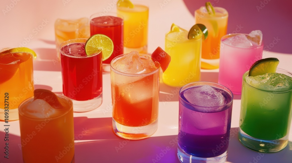 Colorful summer cocktails with ice and fruit garnishes Colorful summer cocktails with ice and fruit garnishes