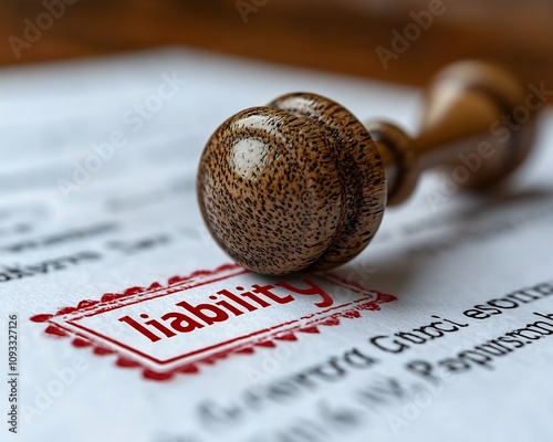 Legal Contract with Red Liability Stamp on Clean White Backdrop Business Responsibility Concept photo