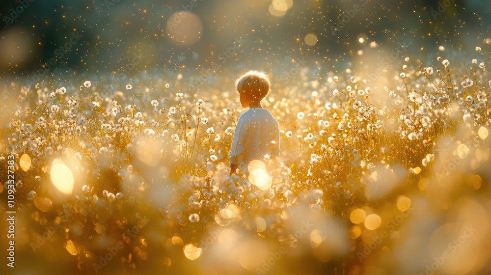Child enjoying dandelions in a sunlit field nature outdoor perspective serenity Child enjoying dandelions in a sunlit field nature outdoor perspective serenity